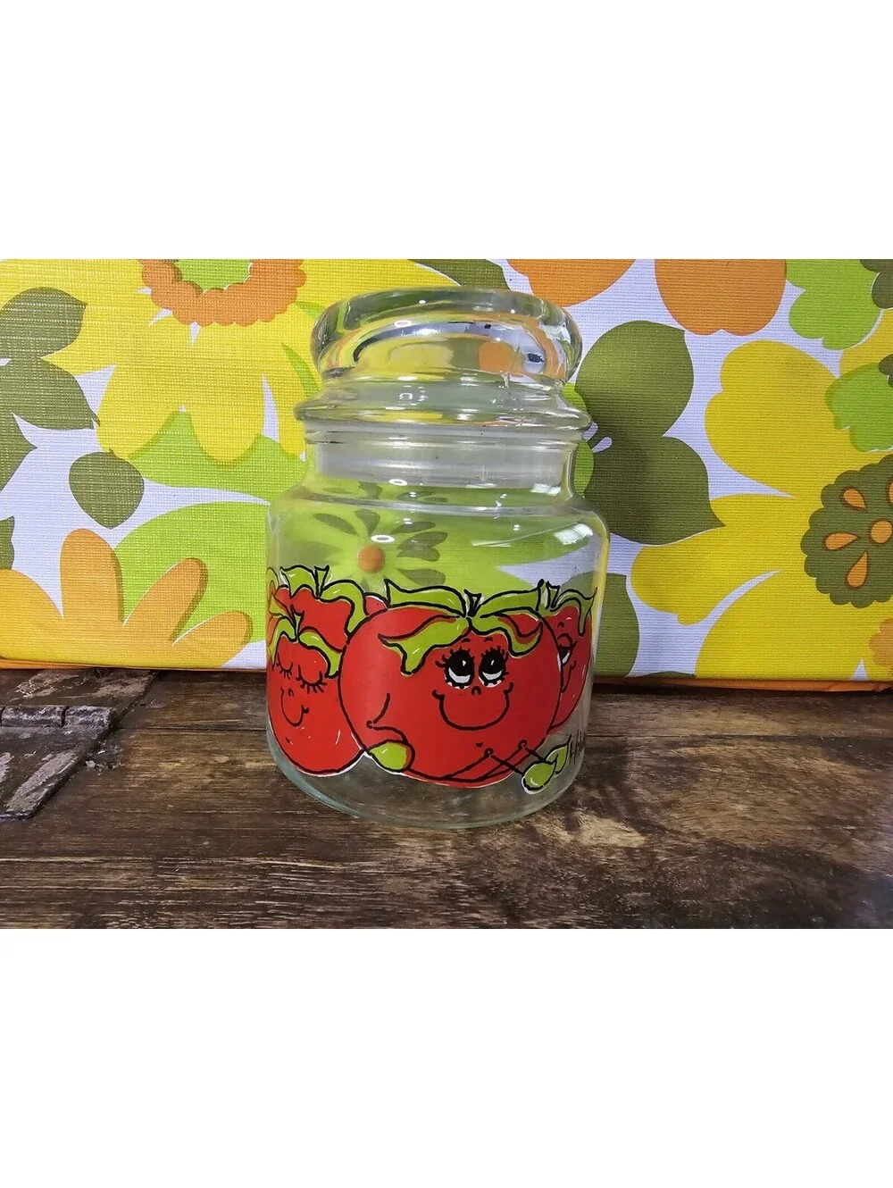 Vintage 1970’s Hildi Happy Tomatoes Glass Canister Jar With Lid 5 1/2” Tall